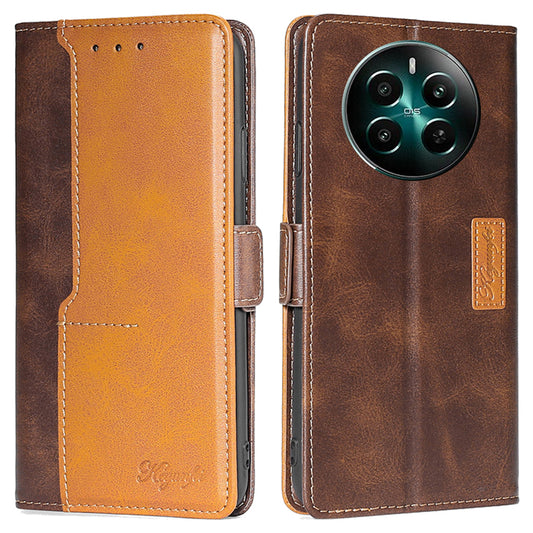 For Realme 12+ 5G Case Dual Color Splicing Leather Phone Cover Mobile Accessories Wholesale - Dark Brown+Gold