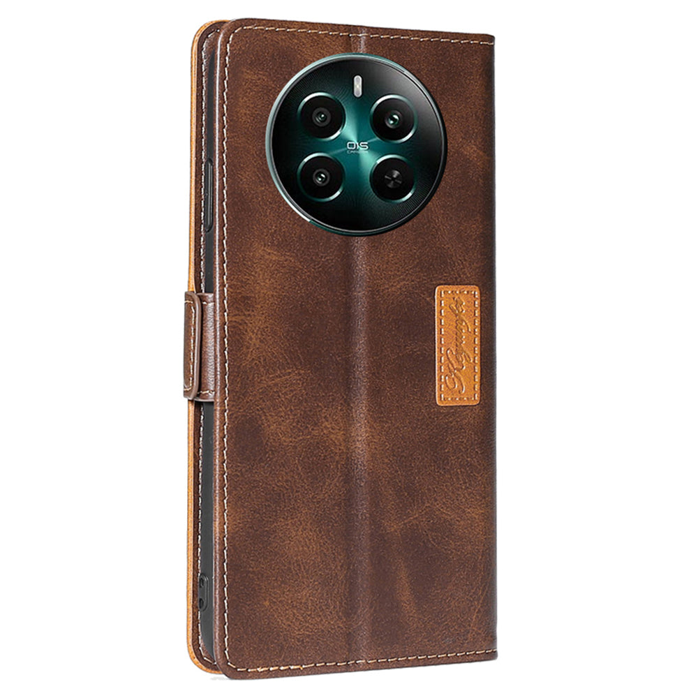 For Realme 12+ 5G Case Dual Color Splicing Leather Phone Cover Mobile Accessories Wholesale - Dark Brown+Gold