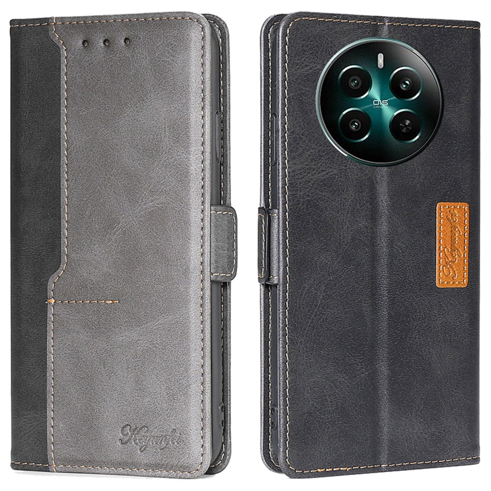 For Realme 12+ 5G Case Dual Color Splicing Leather Phone Cover Mobile Accessories Wholesale - Black+Grey