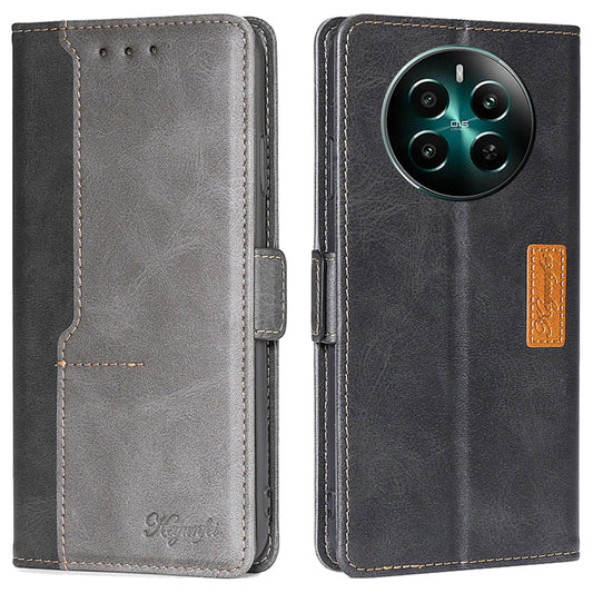 For Realme 12+ 5G Case Dual Color Splicing Leather Phone Cover Mobile Accessories Wholesale - Black+Grey