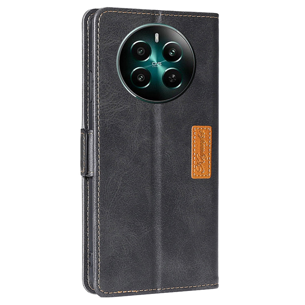 For Realme 12+ 5G Case Dual Color Splicing Leather Phone Cover Mobile Accessories Wholesale - Black+Grey