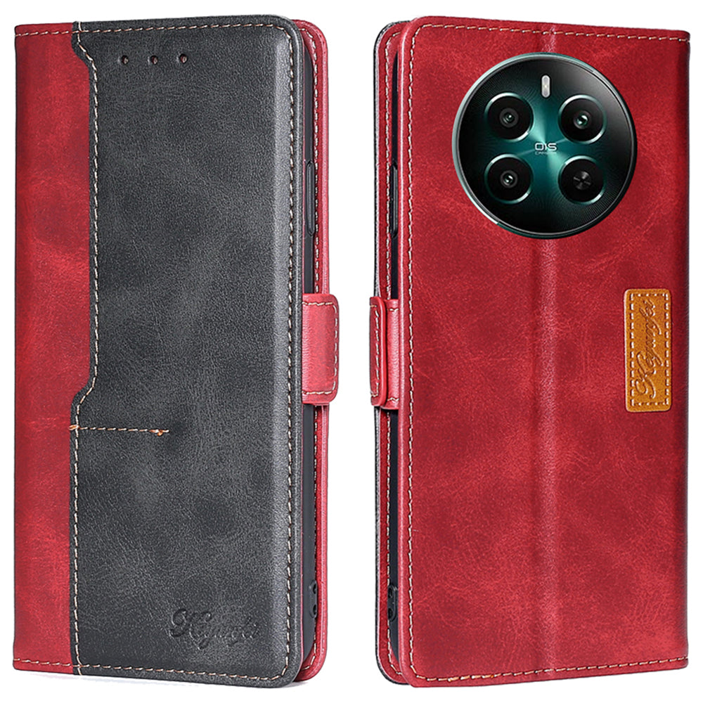 For Realme 12+ 5G Case Dual Color Splicing Leather Phone Cover Mobile Accessories Wholesale - Black+Red