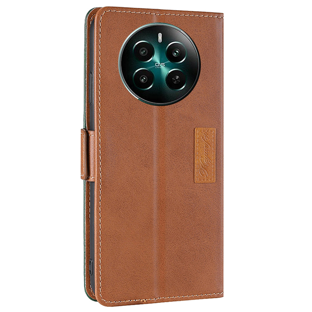 For Realme 12+ 5G Case Dual Color Splicing Leather Phone Cover Mobile Accessories Wholesale - Light Brown+Green