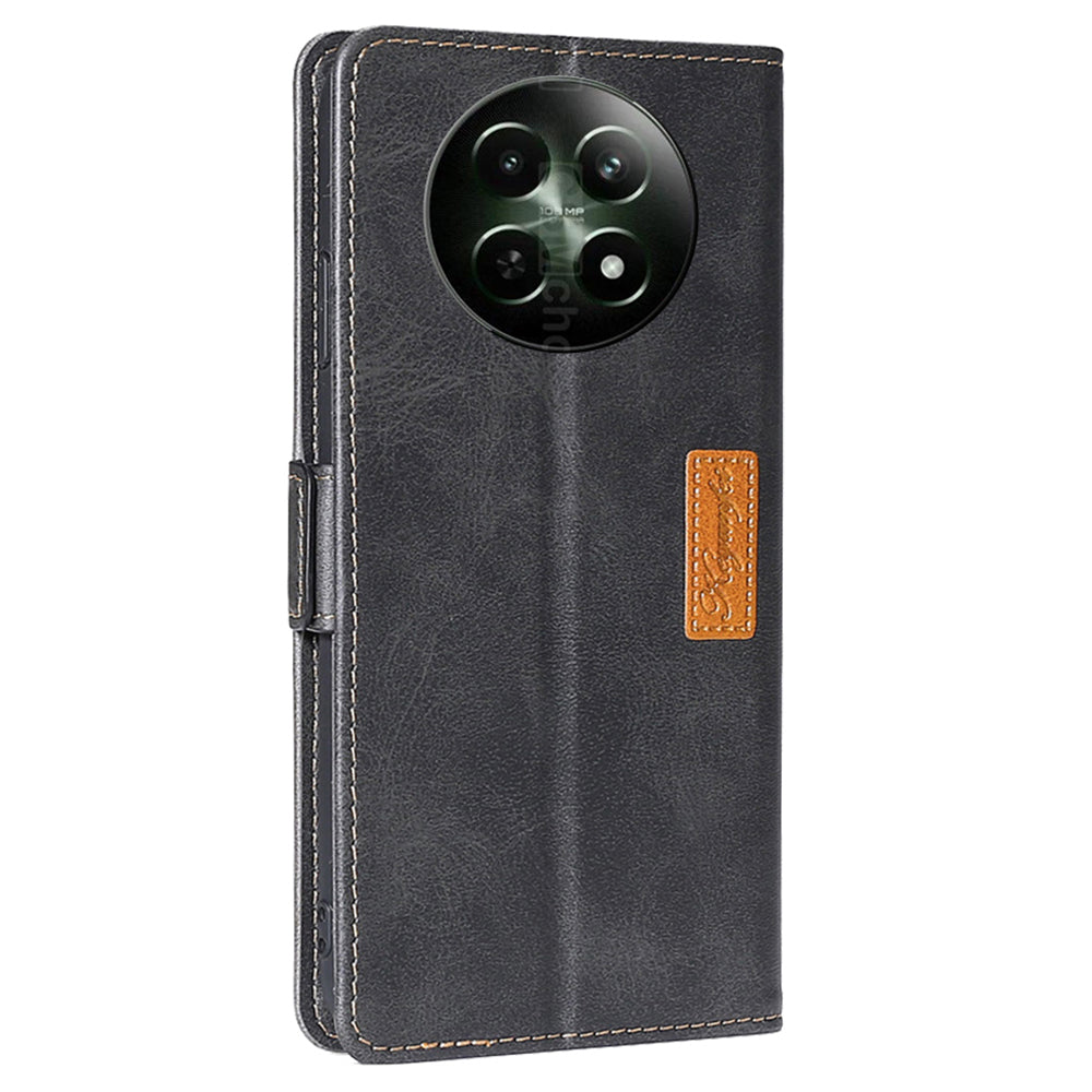 For Realme 12 Wholesale Phone Cover Splicing Color Leather Wallet Phone Cover - Black+Grey