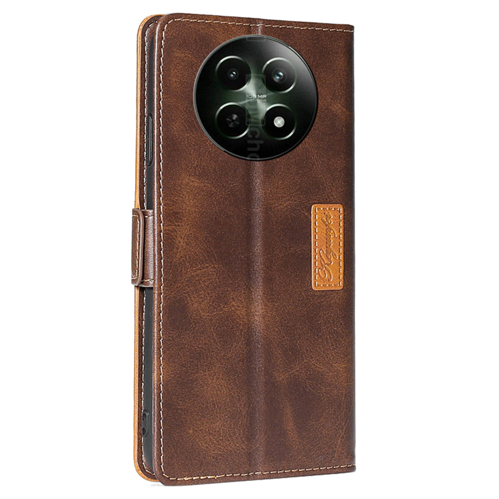 For Realme 12 Wholesale Phone Cover Splicing Color Leather Wallet Phone Cover - Dark Brown+Gold