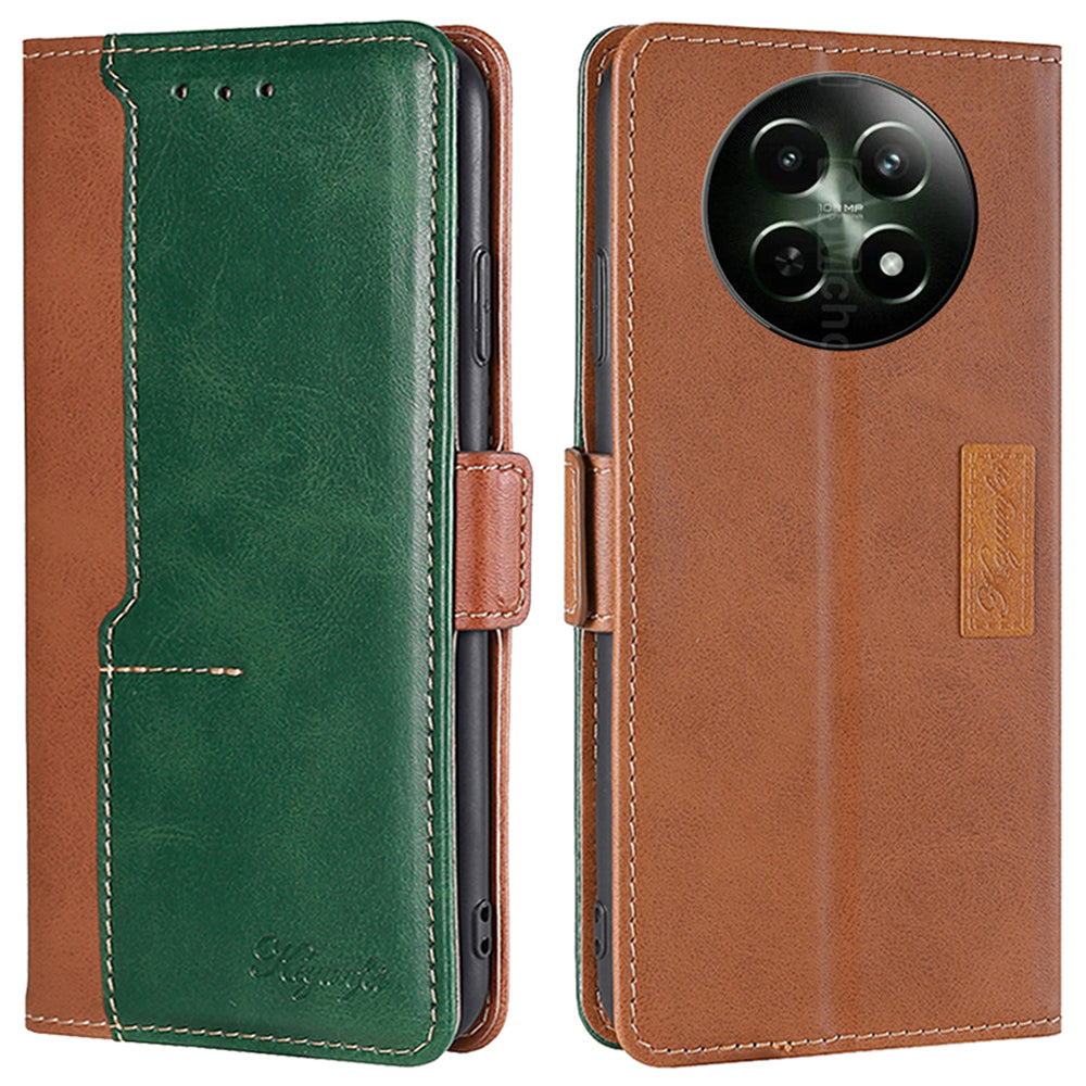 For Realme 12 Wholesale Phone Cover Splicing Color Leather Wallet Phone Cover - Light Brown+Green