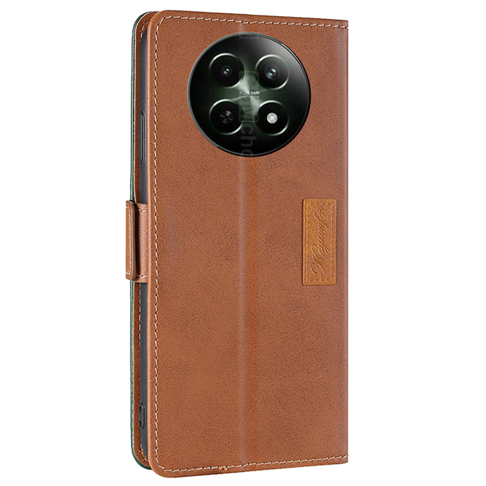 For Realme 12 Wholesale Phone Cover Splicing Color Leather Wallet Phone Cover - Light Brown+Green
