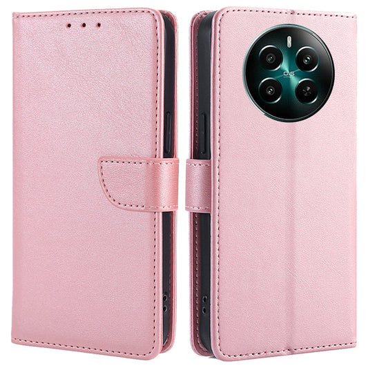 For Realme 12+ 5G Case Calf Texture Shockproof Leather Cover with Card Holder - Rose Gold