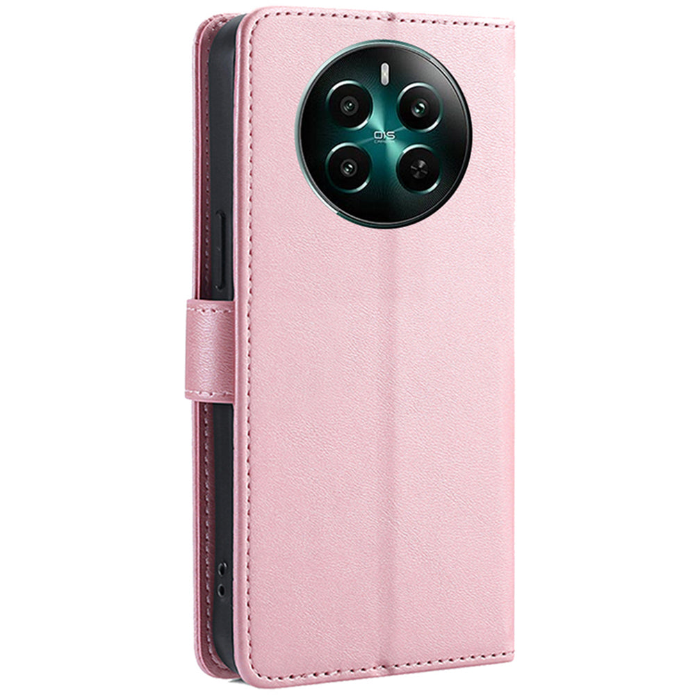 For Realme 12+ 5G Case Calf Texture Shockproof Leather Cover with Card Holder - Rose Gold