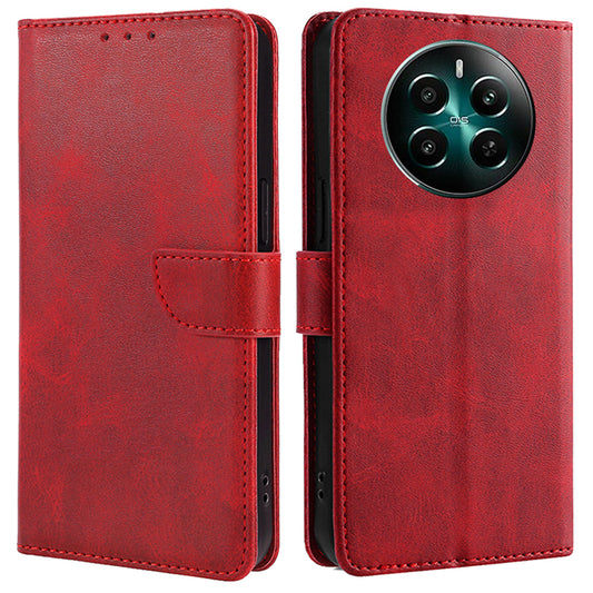 For Realme 12+ 5G Case Calf Texture Shockproof Leather Cover with Card Holder - Red