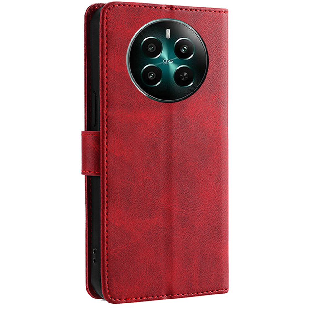 For Realme 12+ 5G Case Calf Texture Shockproof Leather Cover with Card Holder - Red