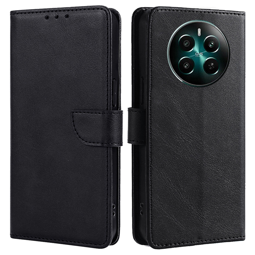 For Realme 12+ 5G Case Calf Texture Shockproof Leather Cover with Card Holder - Black