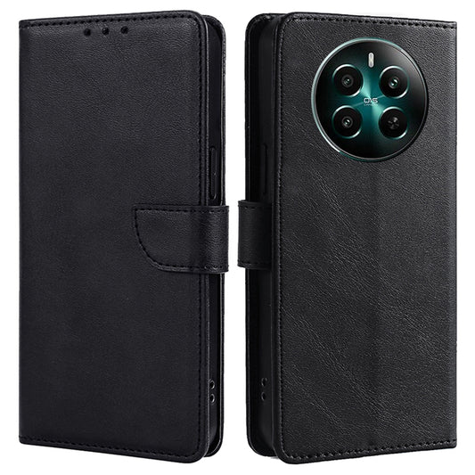 For Realme 12+ 5G Case Calf Texture Shockproof Leather Cover with Card Holder - Black