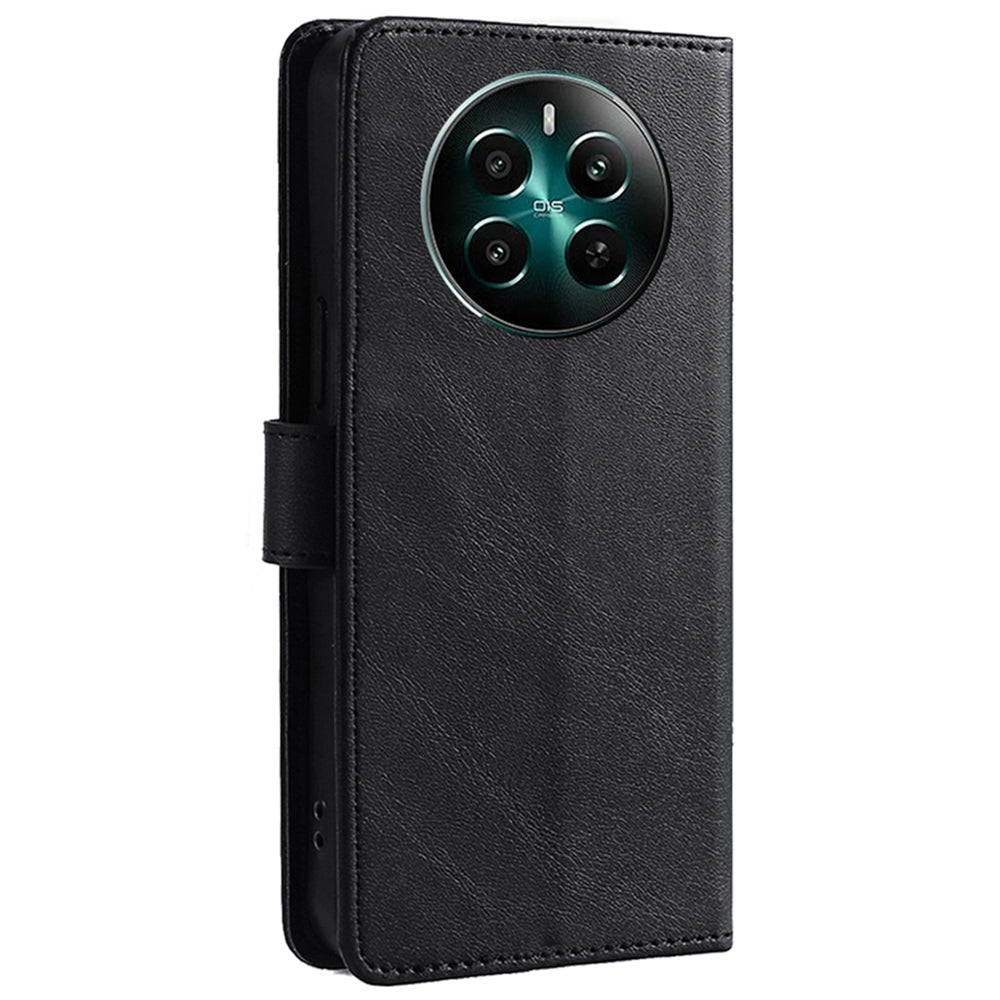 For Realme 12+ 5G Case Calf Texture Shockproof Leather Cover with Card Holder - Black