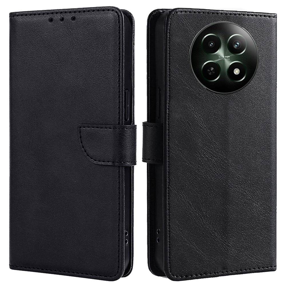 For Realme 12 Case Calf Texture Drop-resistant PU Leather Stand Phone Cover - Black
