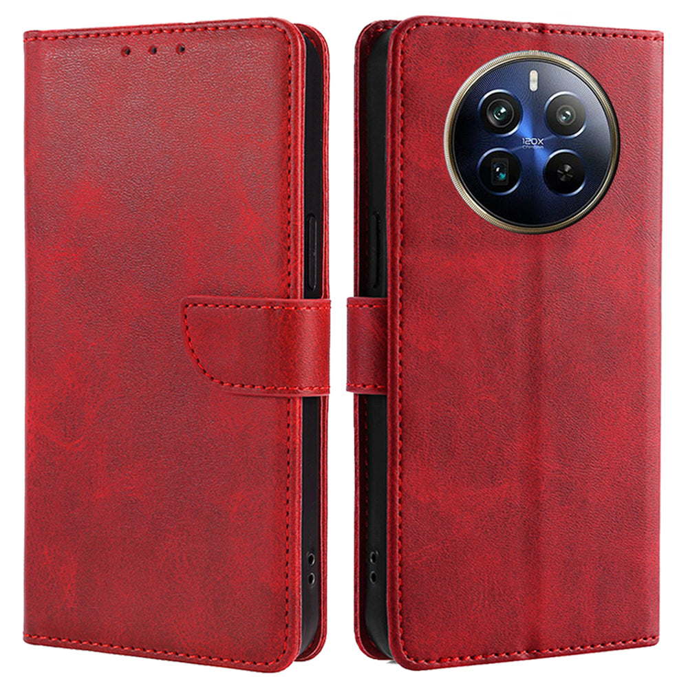 For Realme 12 Pro 5G / 12 Pro+ 5G Wallet Case Calf Texture Stand Phone Protector - Red