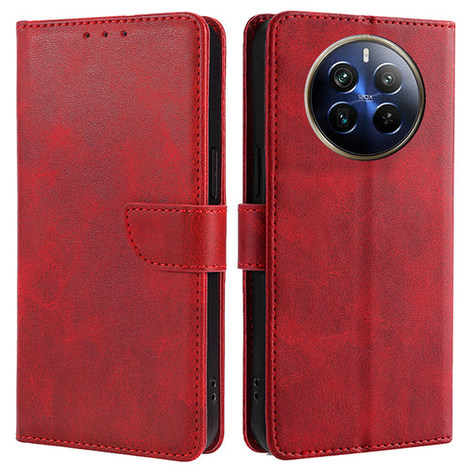 For Realme 12 Pro 5G / 12 Pro+ 5G Wallet Case Calf Texture Stand Phone Protector - Red