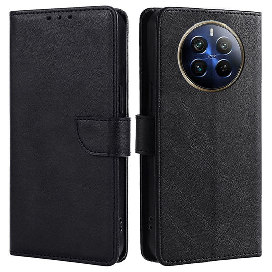 For Realme 12 Pro 5G / 12 Pro+ 5G Wallet Case Calf Texture Stand Phone Protector - Black
