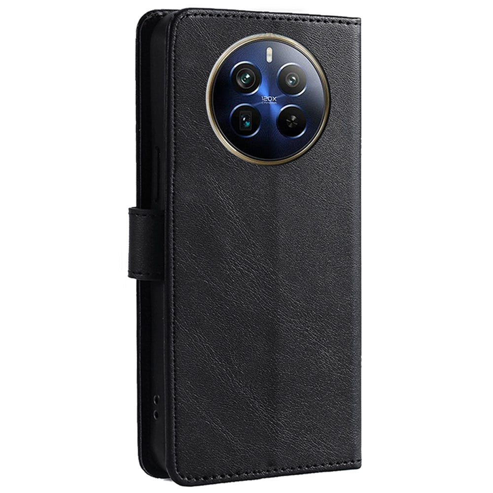 For Realme 12 Pro 5G / 12 Pro+ 5G Wallet Case Calf Texture Stand Phone Protector - Black