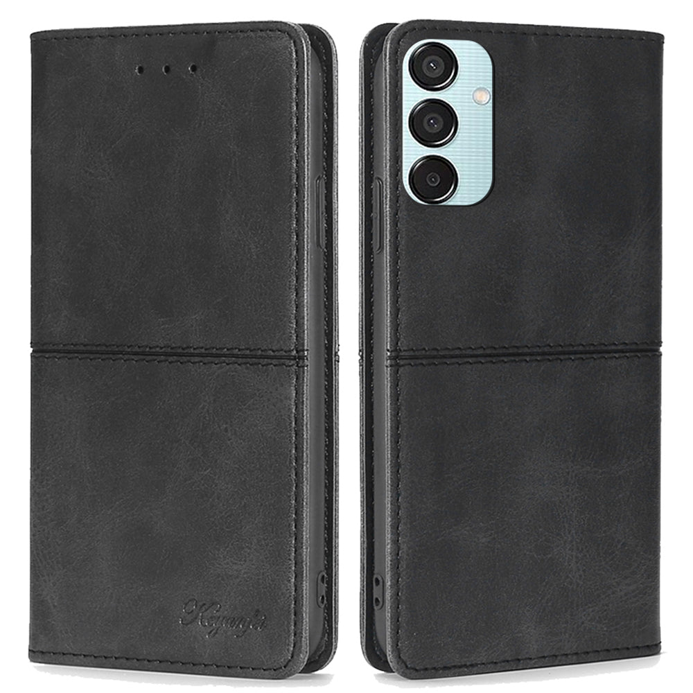 For Samsung Galaxy M15 5G Case Cowhide Texture PU Leather Phone Cover with Card Holder - Black