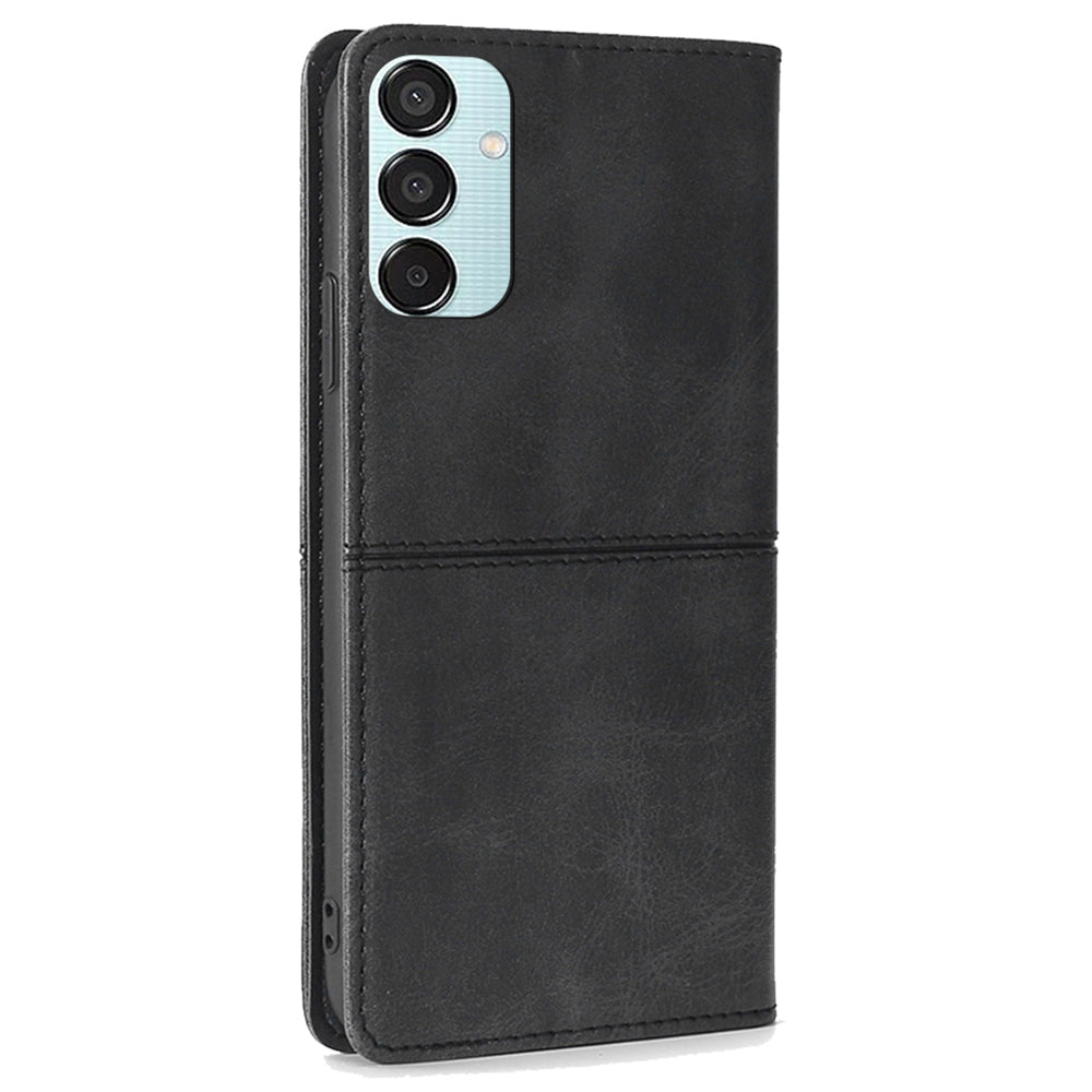 For Samsung Galaxy M15 5G Case Cowhide Texture PU Leather Phone Cover with Card Holder - Black