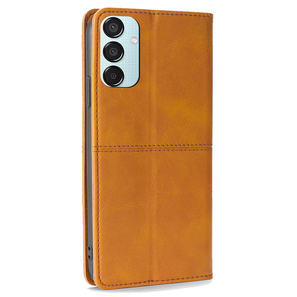 For Samsung Galaxy M15 5G Case Cowhide Texture PU Leather Phone Cover with Card Holder - Light Brown