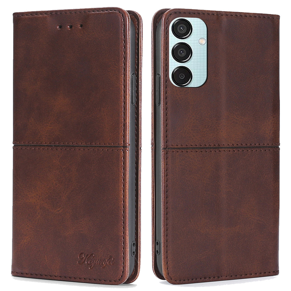For Samsung Galaxy M15 5G Case Cowhide Texture PU Leather Phone Cover with Card Holder - Dark Brown