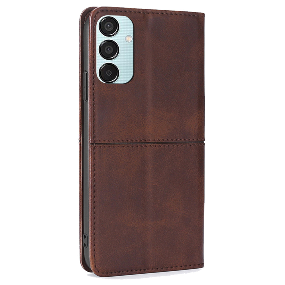 For Samsung Galaxy M15 5G Case Cowhide Texture PU Leather Phone Cover with Card Holder - Dark Brown