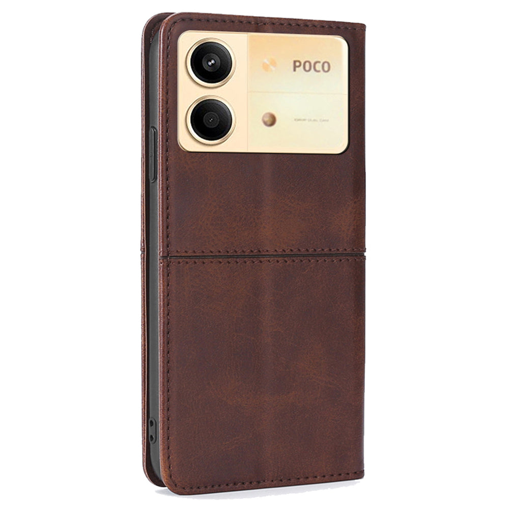 For Xiaomi Redmi Note 13R Pro 5G Case PU Leather Magnetic Closure Protective Phone Cover Cowhide Texture - Dark Brown