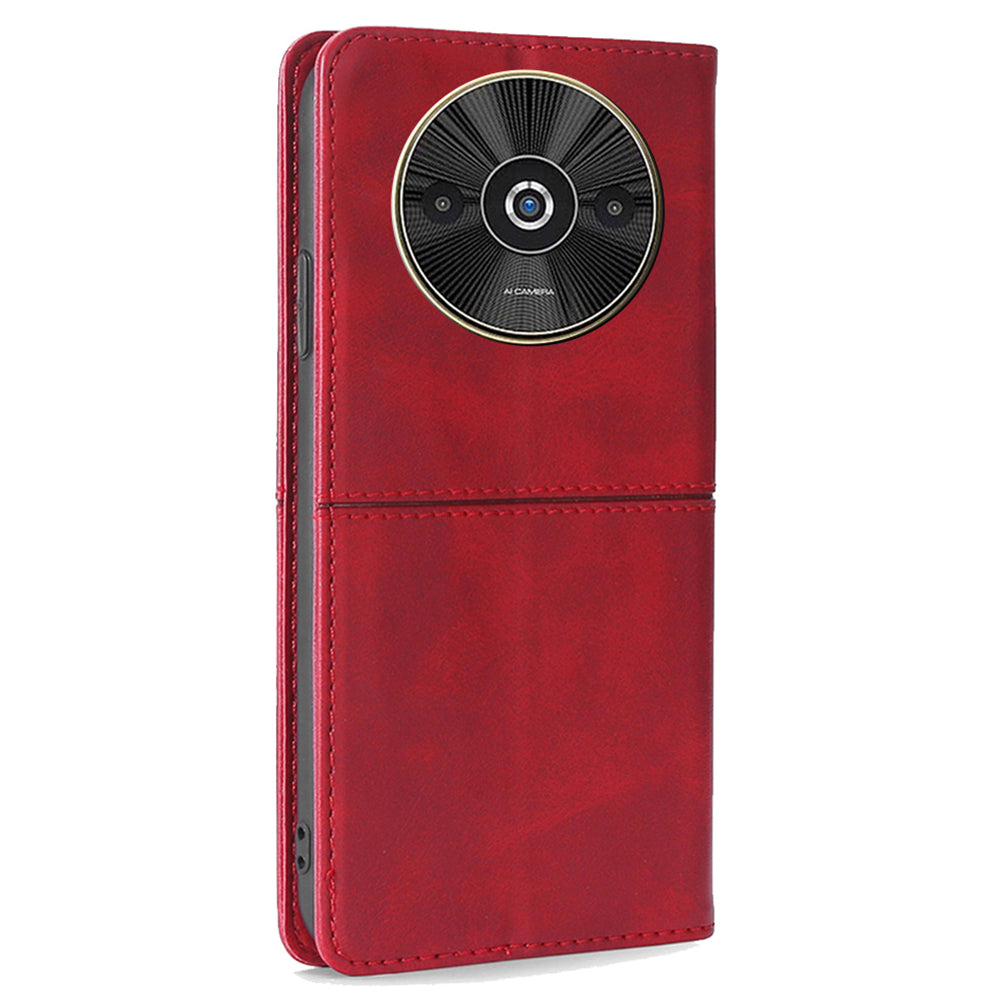 For Xiaomi Redmi A3 / Poco C61 4G Case PU Leather Stand Magnetic Closure Shockproof Phone Cover - Red