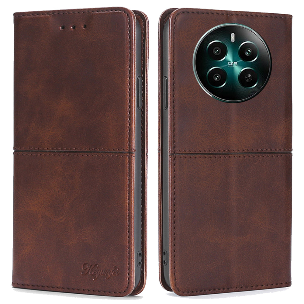 For Realme 12+ 5G Case Collection PU Leather Cowhide Texture Phone Cover with Card Holder - Dark Brown