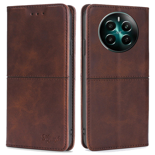 For Realme 12+ 5G Case Collection PU Leather Cowhide Texture Phone Cover with Card Holder - Dark Brown