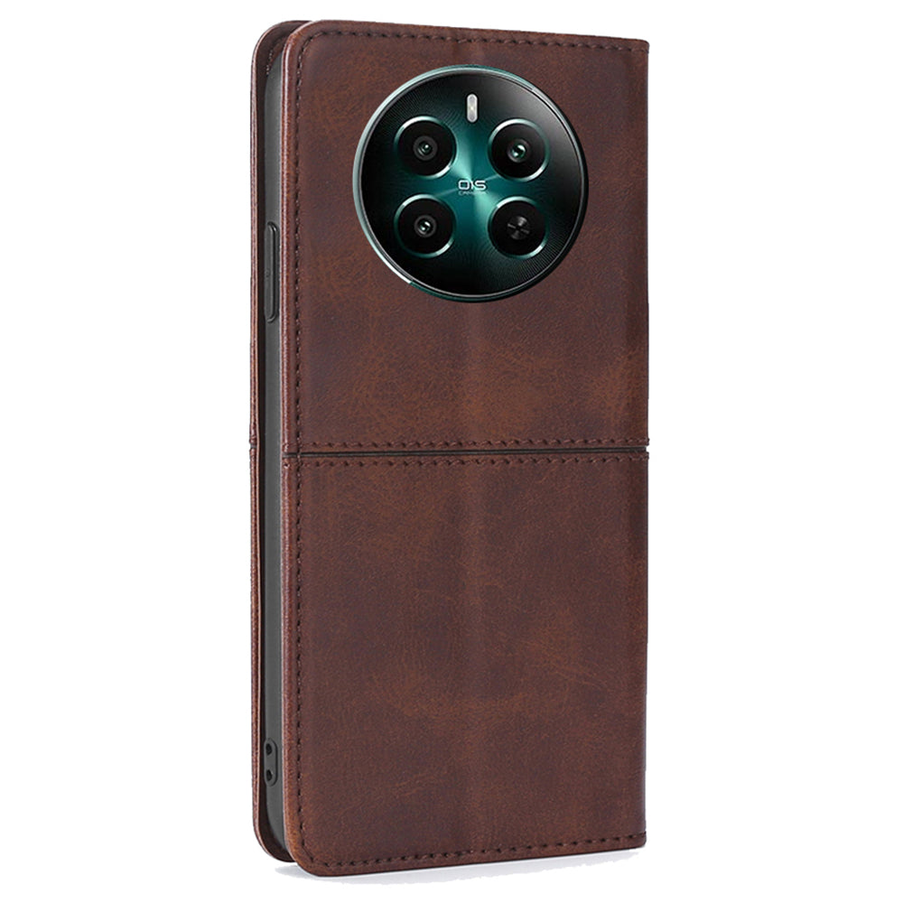 For Realme 12+ 5G Case Collection PU Leather Cowhide Texture Phone Cover with Card Holder - Dark Brown