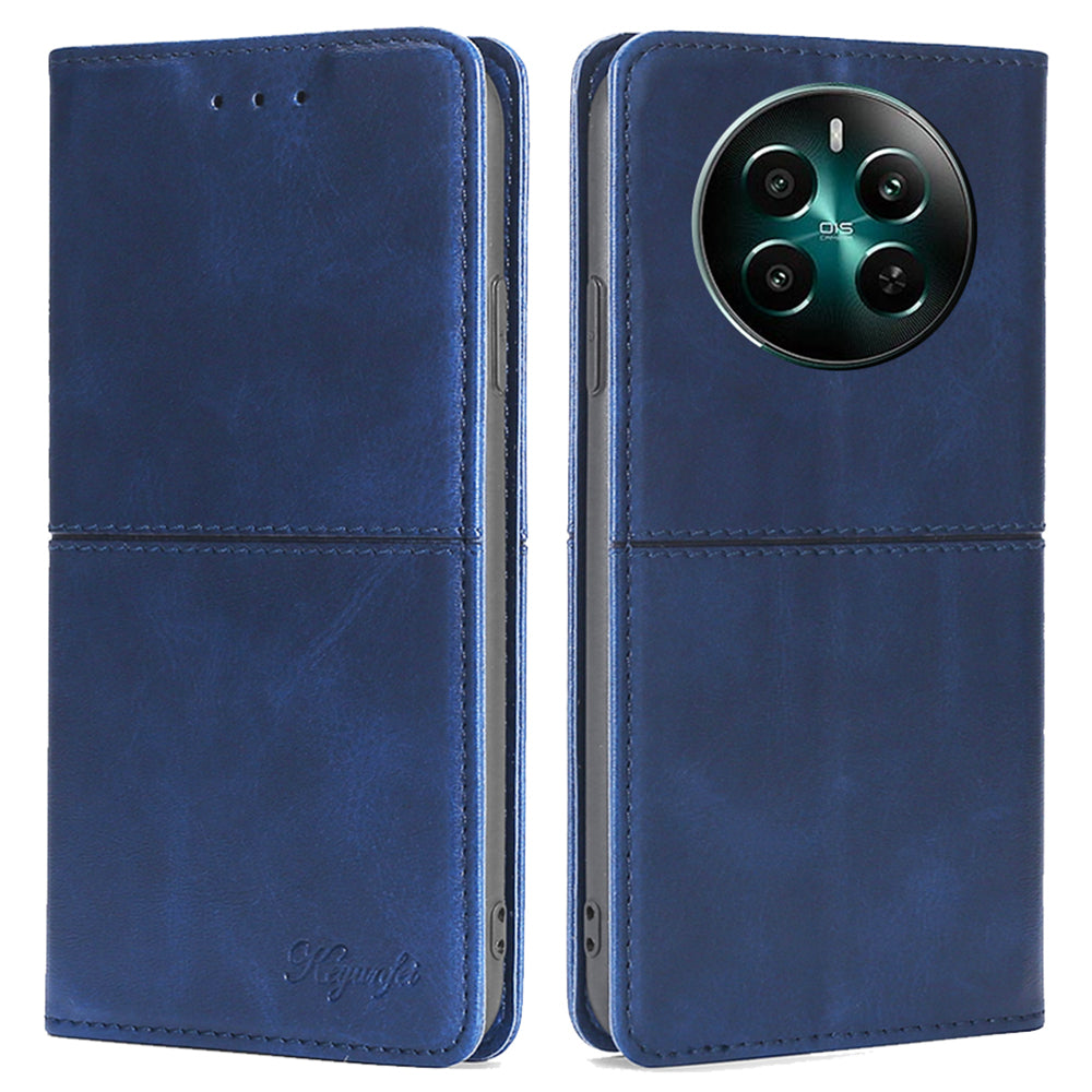 For Realme 12+ 5G Case Collection PU Leather Cowhide Texture Phone Cover with Card Holder - Blue