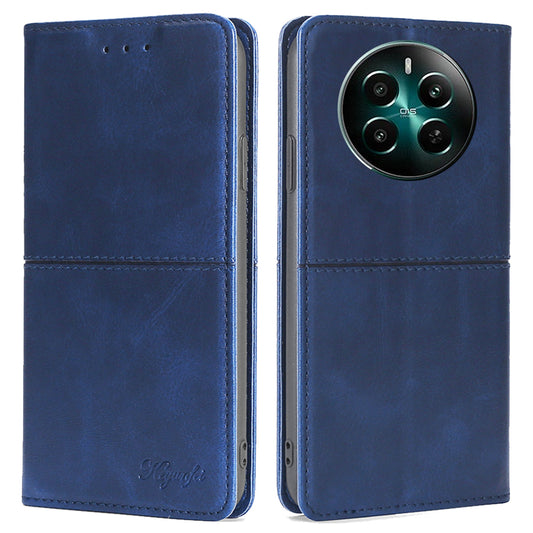 For Realme 12+ 5G Case Collection PU Leather Cowhide Texture Phone Cover with Card Holder - Blue