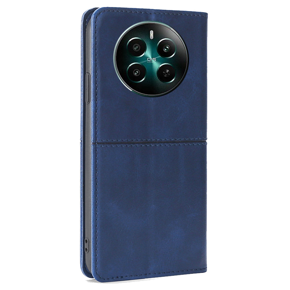 For Realme 12+ 5G Case Collection PU Leather Cowhide Texture Phone Cover with Card Holder - Blue