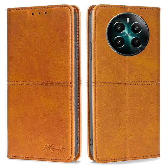 For Realme 12+ 5G Case Collection PU Leather Cowhide Texture Phone Cover with Card Holder - Light Brown
