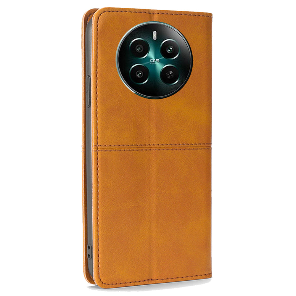 For Realme 12+ 5G Case Collection PU Leather Cowhide Texture Phone Cover with Card Holder - Light Brown