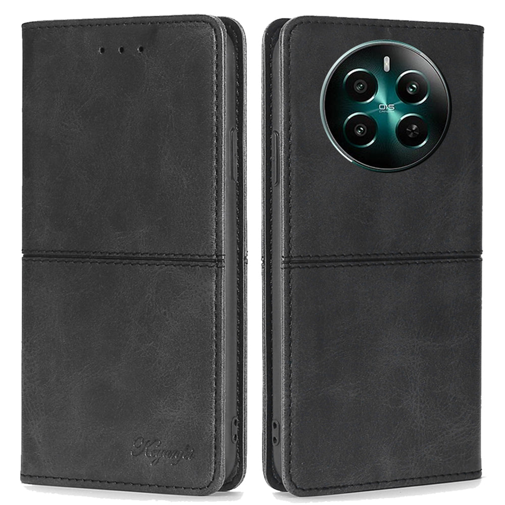 For Realme 12+ 5G Case Collection PU Leather Cowhide Texture Phone Cover with Card Holder - Black