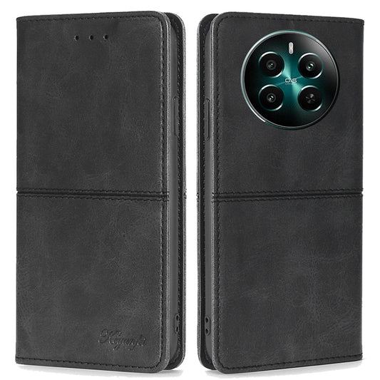 For Realme 12+ 5G Case Collection PU Leather Cowhide Texture Phone Cover with Card Holder - Black