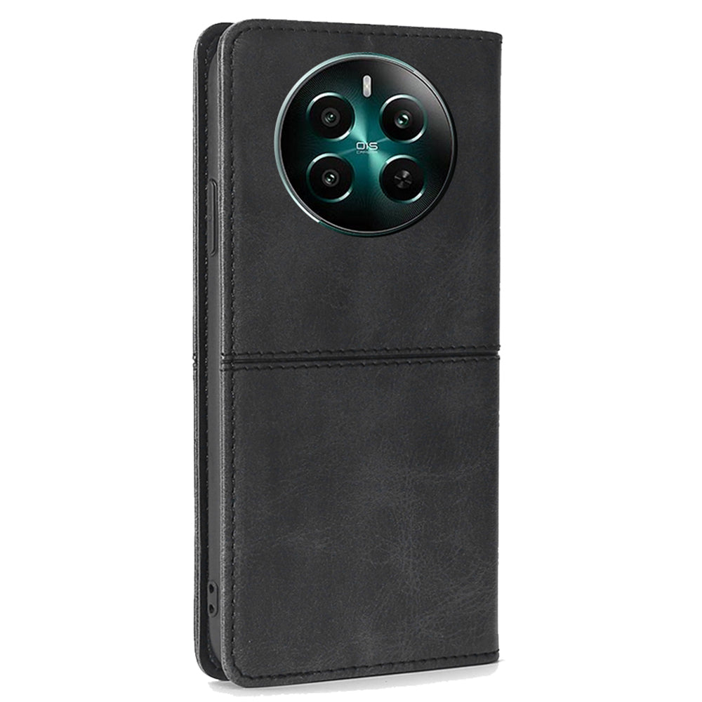 For Realme 12+ 5G Case Collection PU Leather Cowhide Texture Phone Cover with Card Holder - Black