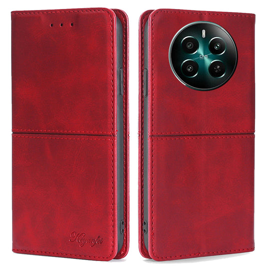 For Realme 12+ 5G Case Collection PU Leather Cowhide Texture Phone Cover with Card Holder - Red
