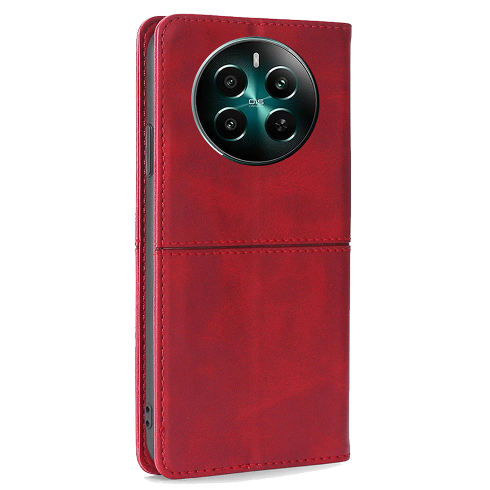 For Realme 12+ 5G Case Collection PU Leather Cowhide Texture Phone Cover with Card Holder - Red