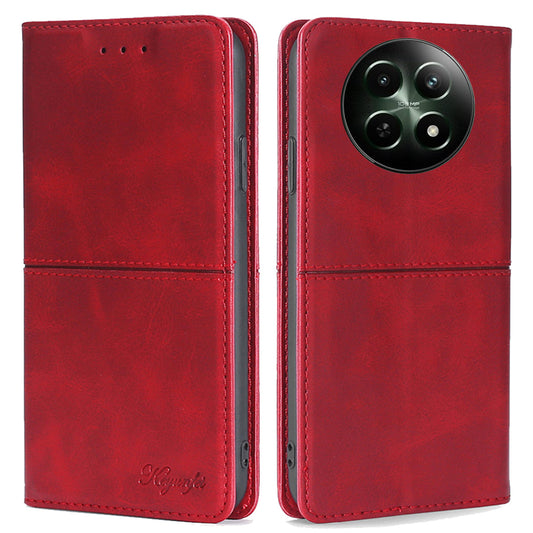 For Realme 12 Case 2 Card Slots Magnetic Closure Folio Leather Cell Phone Cover - Red