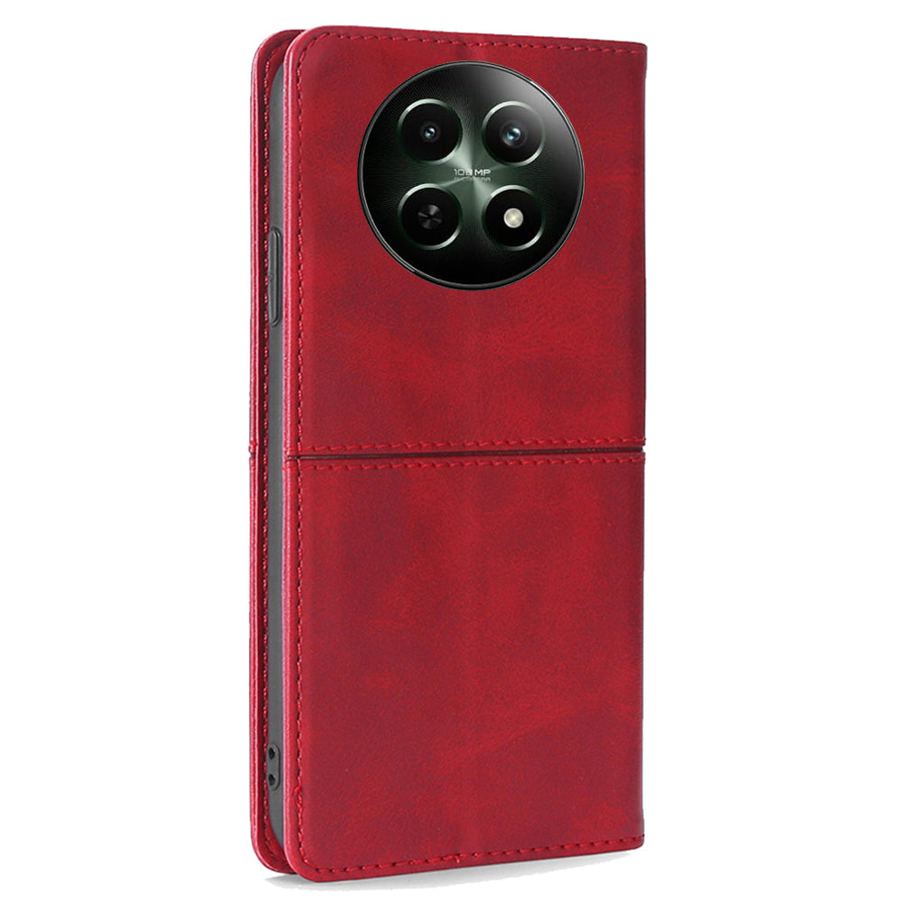 For Realme 12 Case 2 Card Slots Magnetic Closure Folio Leather Cell Phone Cover - Red