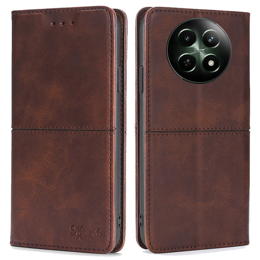 For Realme 12 Case 2 Card Slots Magnetic Closure Folio Leather Cell Phone Cover - Dark Brown