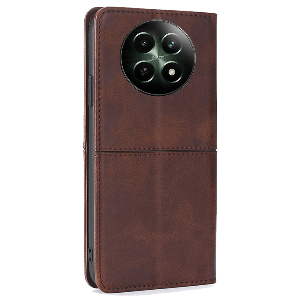 For Realme 12 Case 2 Card Slots Magnetic Closure Folio Leather Cell Phone Cover - Dark Brown