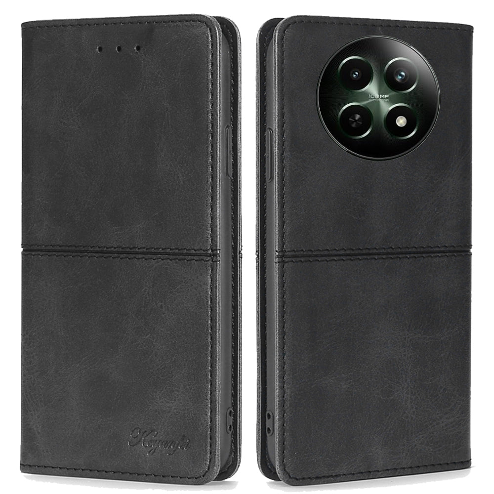 For Realme 12 Case 2 Card Slots Magnetic Closure Folio Leather Cell Phone Cover - Black