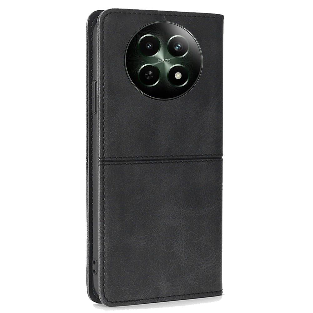 For Realme 12 Case 2 Card Slots Magnetic Closure Folio Leather Cell Phone Cover - Black