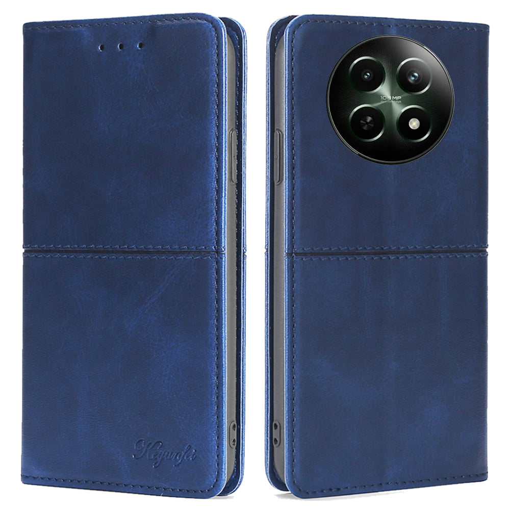 For Realme 12 Case 2 Card Slots Magnetic Closure Folio Leather Cell Phone Cover - Blue